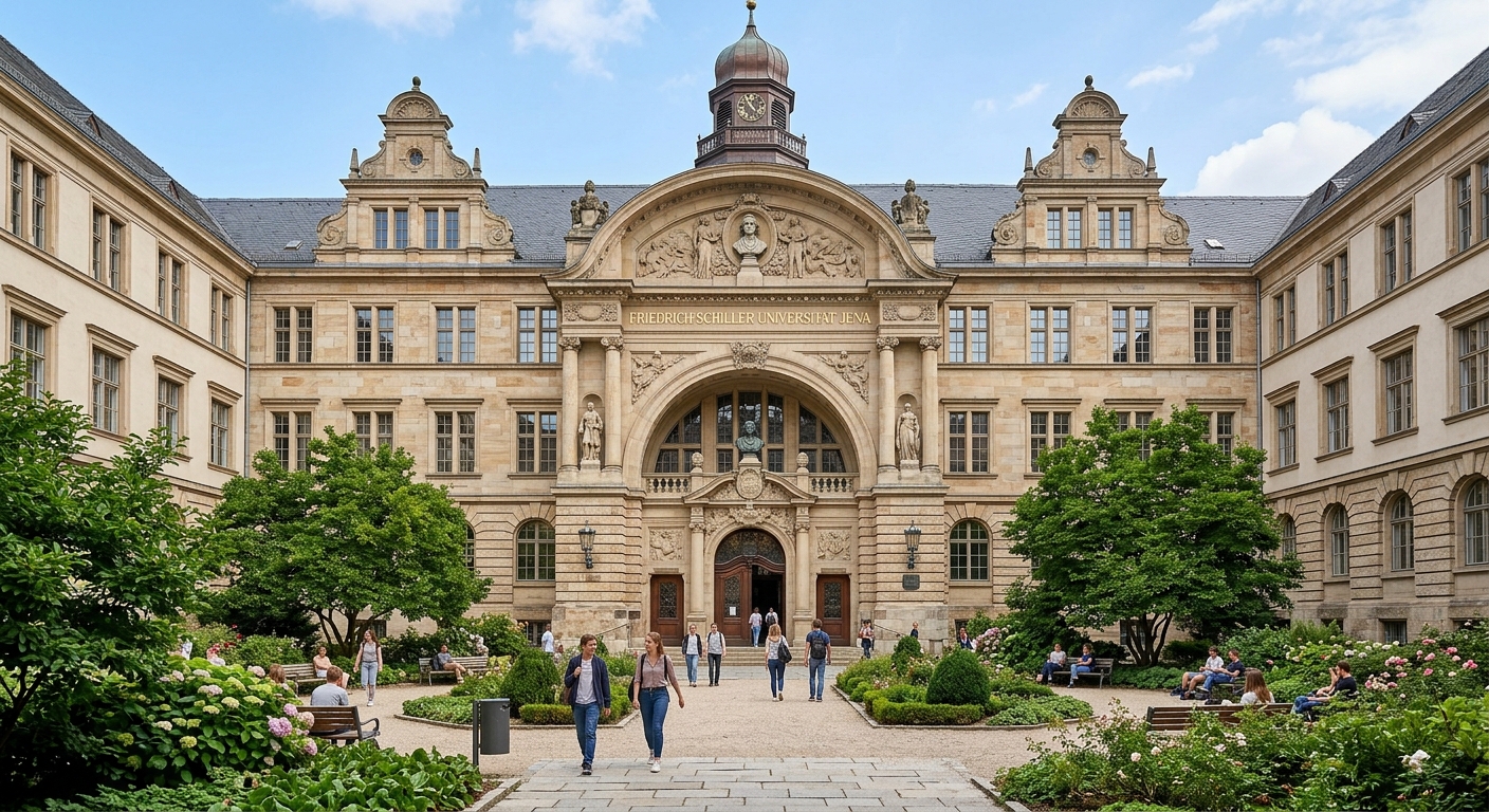 Historic main building of Friedrich Schiller University Jena at Fürstengraben with classical architecture, arched entrance, inner courtyard with greenery