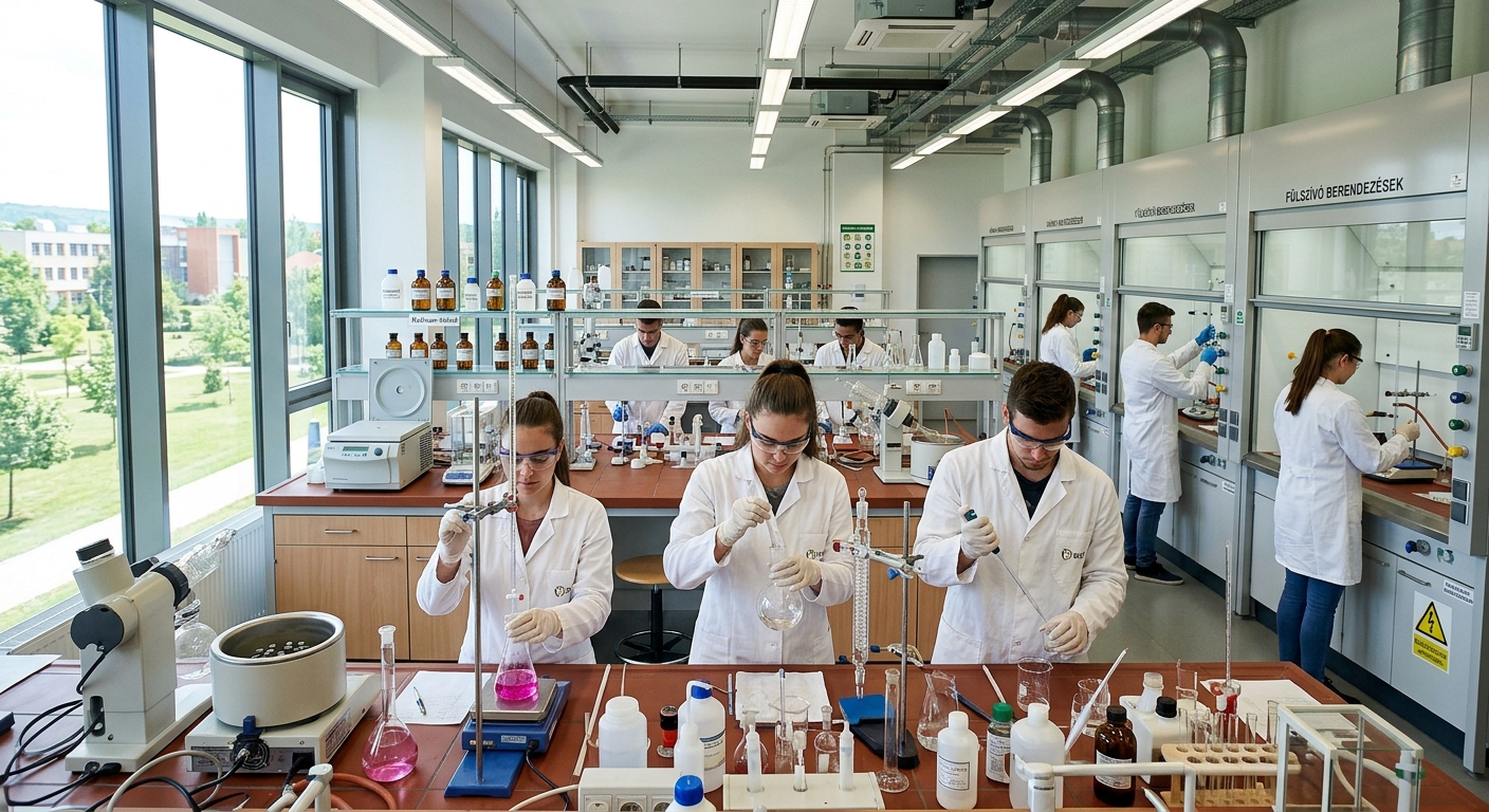 Modern chemistry laboratory at the University of Nyíregyháza with students conducting experiments, glass beakers and flasks on benches, fume hoods, and natural light streaming through large windows, Hungarian university campus setting