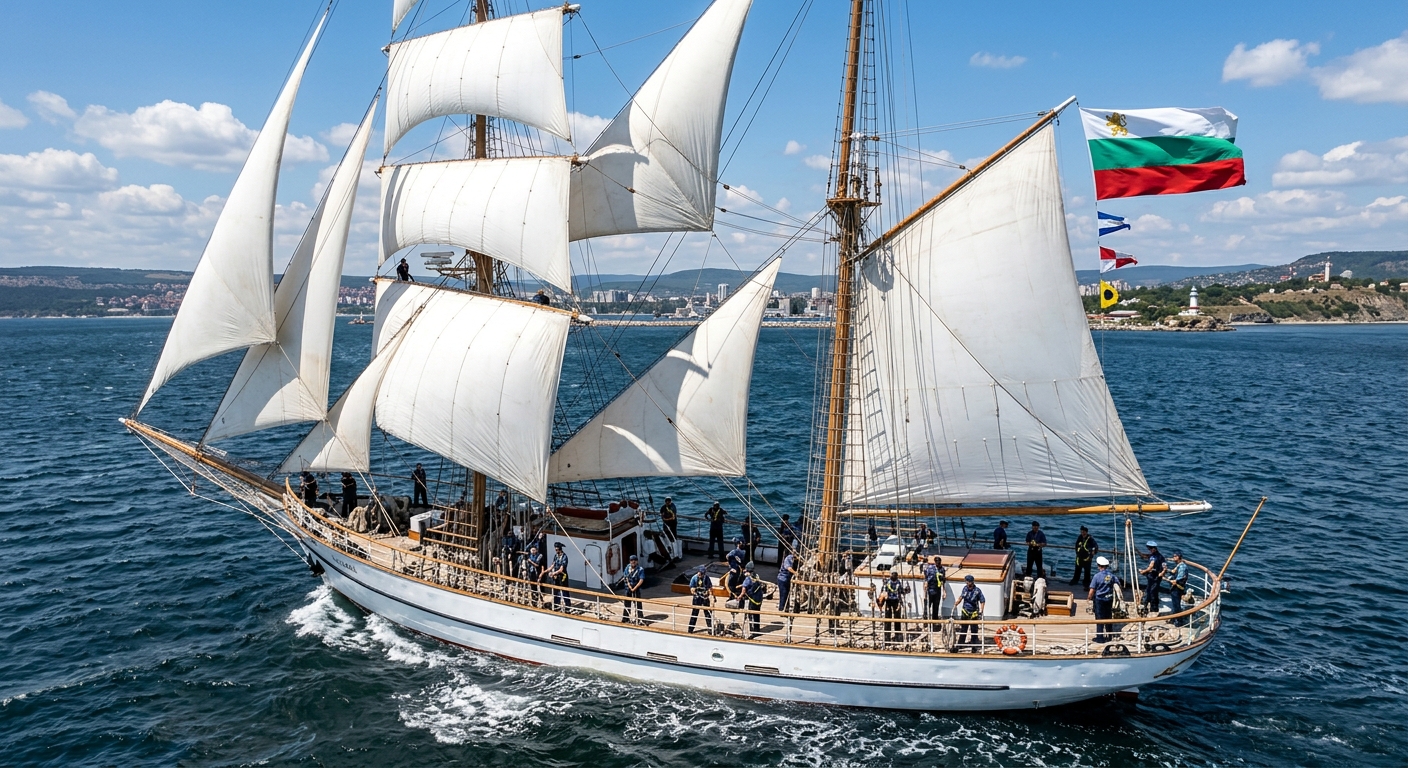 NVNA sail training vessel at sea near Varna coast, white sails unfurled, cadets working on deck, Black Sea waters, Bulgarian naval flag flying, sunny maritime conditions