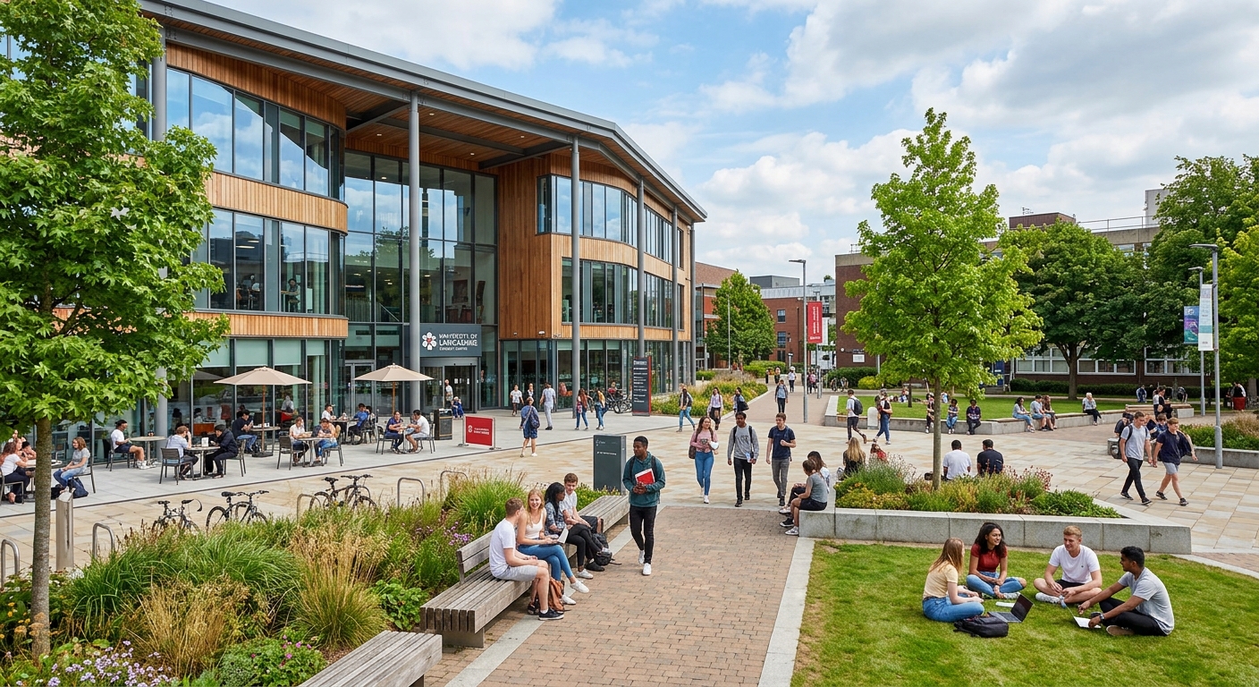 University of Lancashire Student Centre and University Square, contemporary building with open plaza, students socialising and studying outdoors, landscaped green spaces