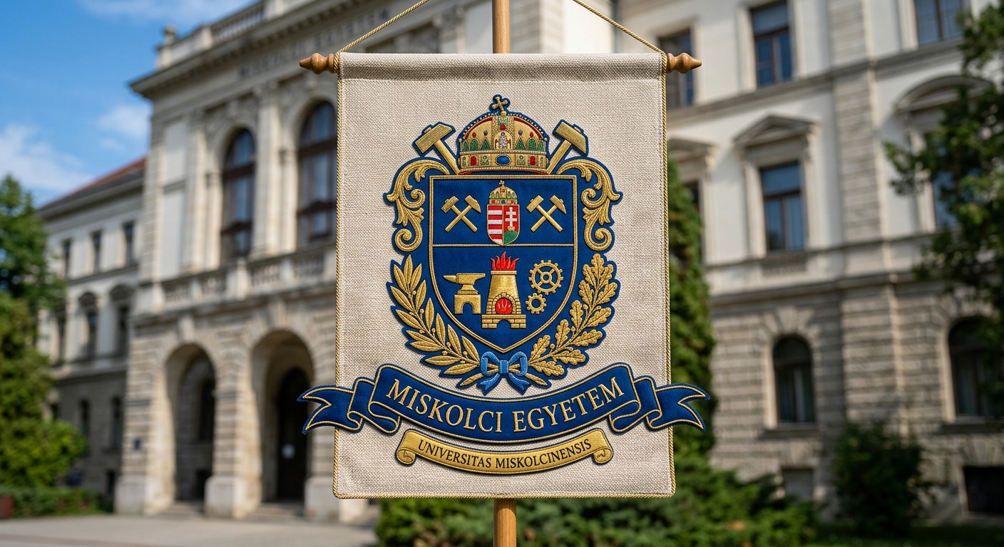 University of Miskolc official logo, blue and gold crest with traditional mining and metallurgy symbols, text Miskolci Egyetem