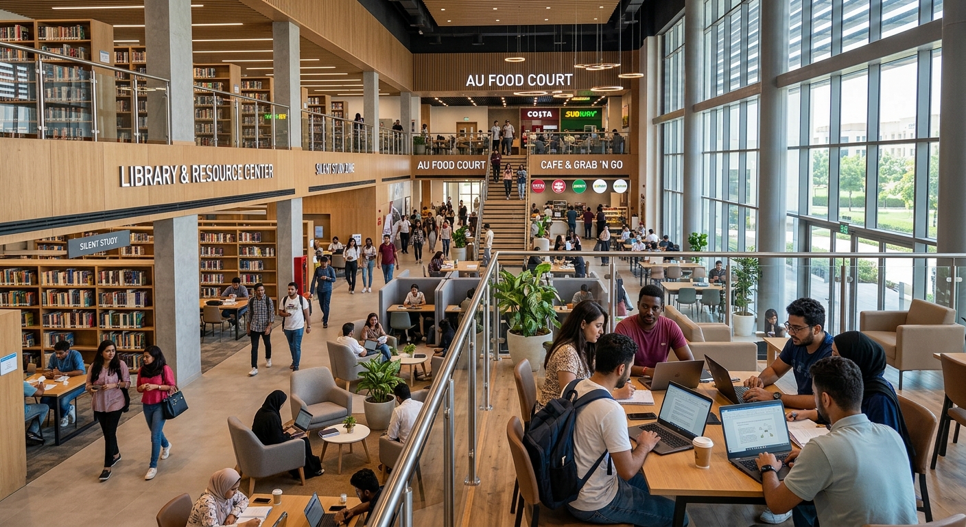 Ajman University Student Hub interior with modern study spaces, open-plan seating areas, library bookshelves, food court, and students collaborating