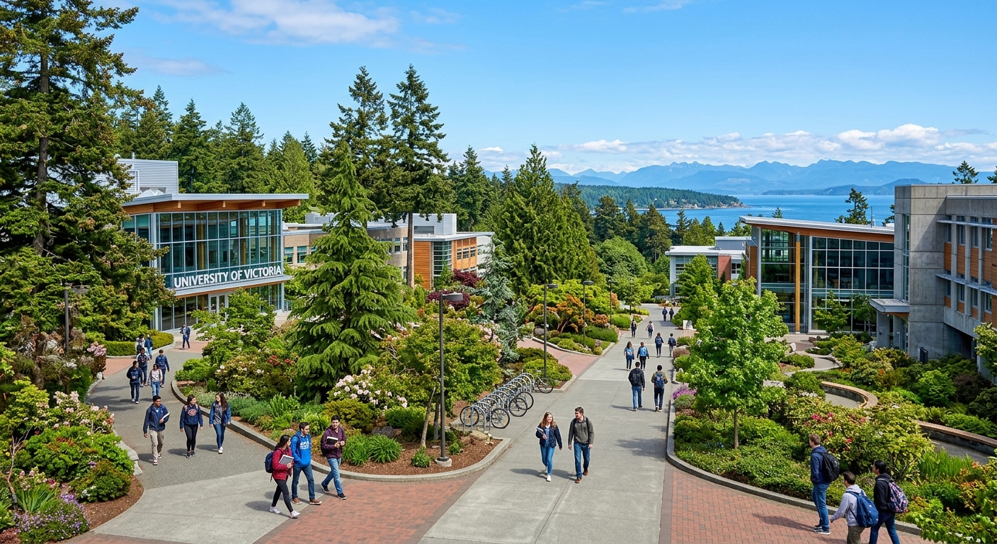 University of Victoria campus with modern academic buildings surrounded by lush green trees and gardens on Vancouver Island, students walking along pathways under clear blue sky, Pacific Northwest coastal landscape in the background