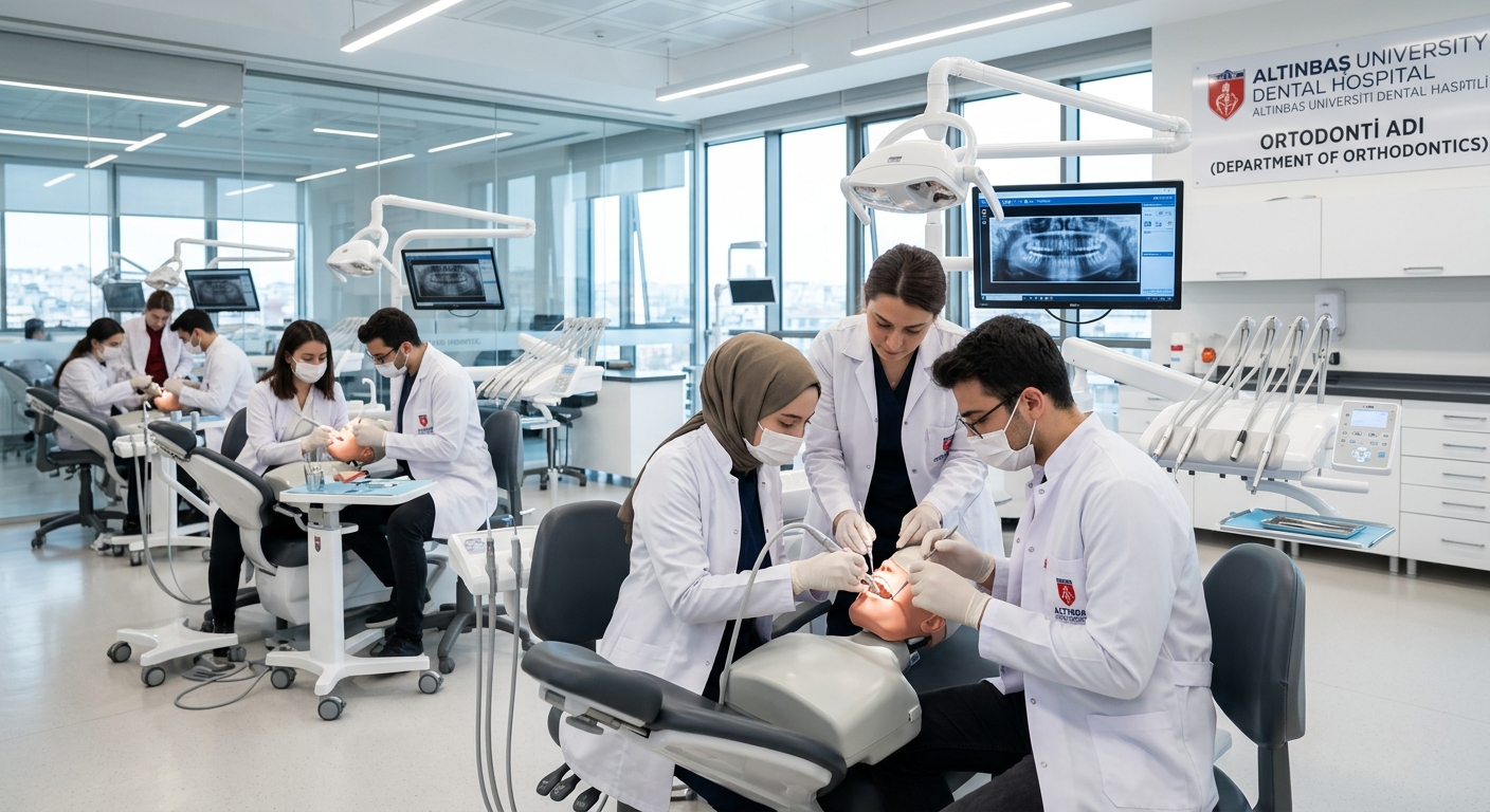 Modern dental clinic interior at Altinbas University Dental Hospital in Istanbul, orthodontic treatment chairs with advanced imaging equipment, bright clinical lighting, dental students in white coats practicing on simulation models