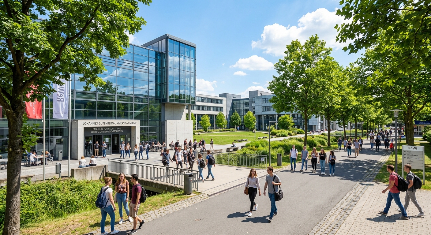 Johannes Gutenberg University Mainz main campus, modern academic buildings with glass facades, students walking along tree-lined pathways, sunny day