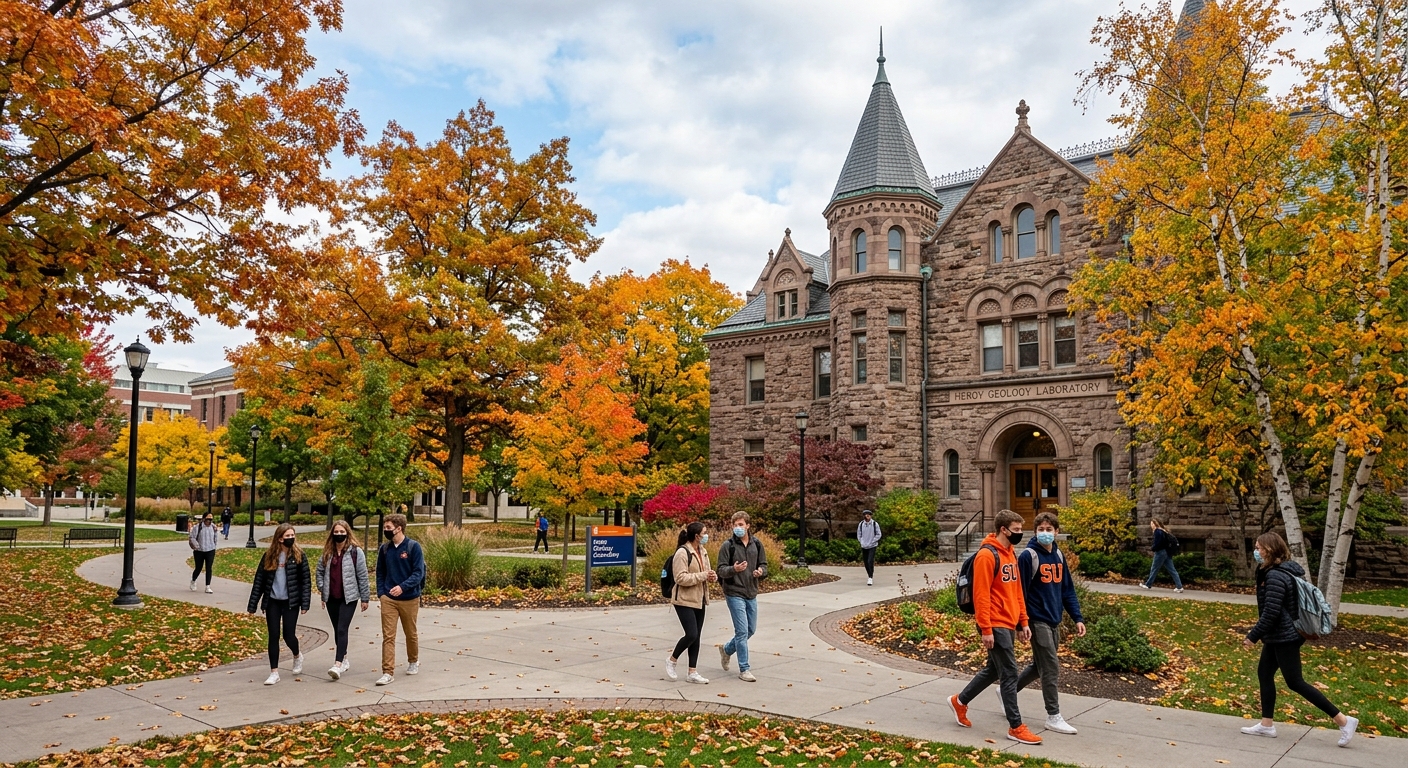Heroy Geology Laboratory at Syracuse University campus with stone architecture, green trees, and students walking on pathways during autumn in Syracuse, New York
