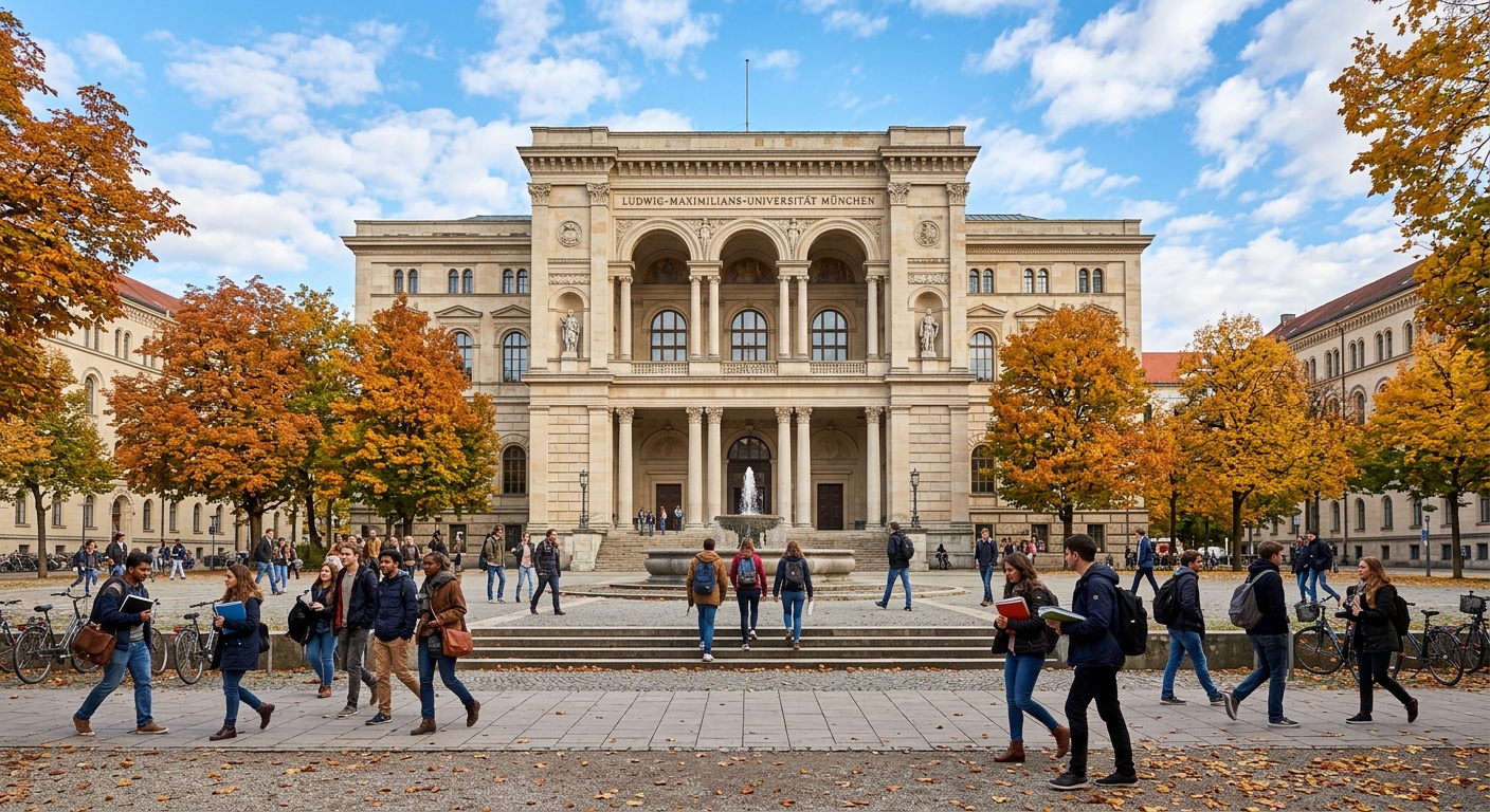 Historic Ludwig Maximilian University of Munich main building facade with classical columns, students walking through Geschwister-Scholl-Platz, bright autumn day in Munich city center