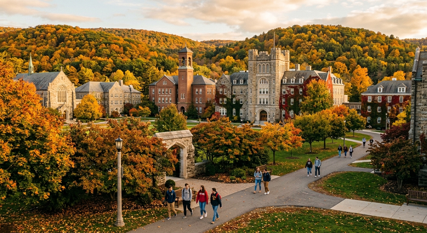 Historic stone and brick campus buildings of St. Bonaventure University nestled among green hills and forests of Western New York, with students walking along tree-lined paths in autumn, warm golden light