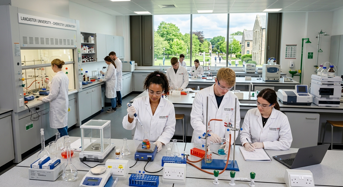 Modern chemistry laboratory at Lancaster University with students in lab coats conducting experiments, state-of-the-art equipment and glassware, bright lighting, green campus visible through windows