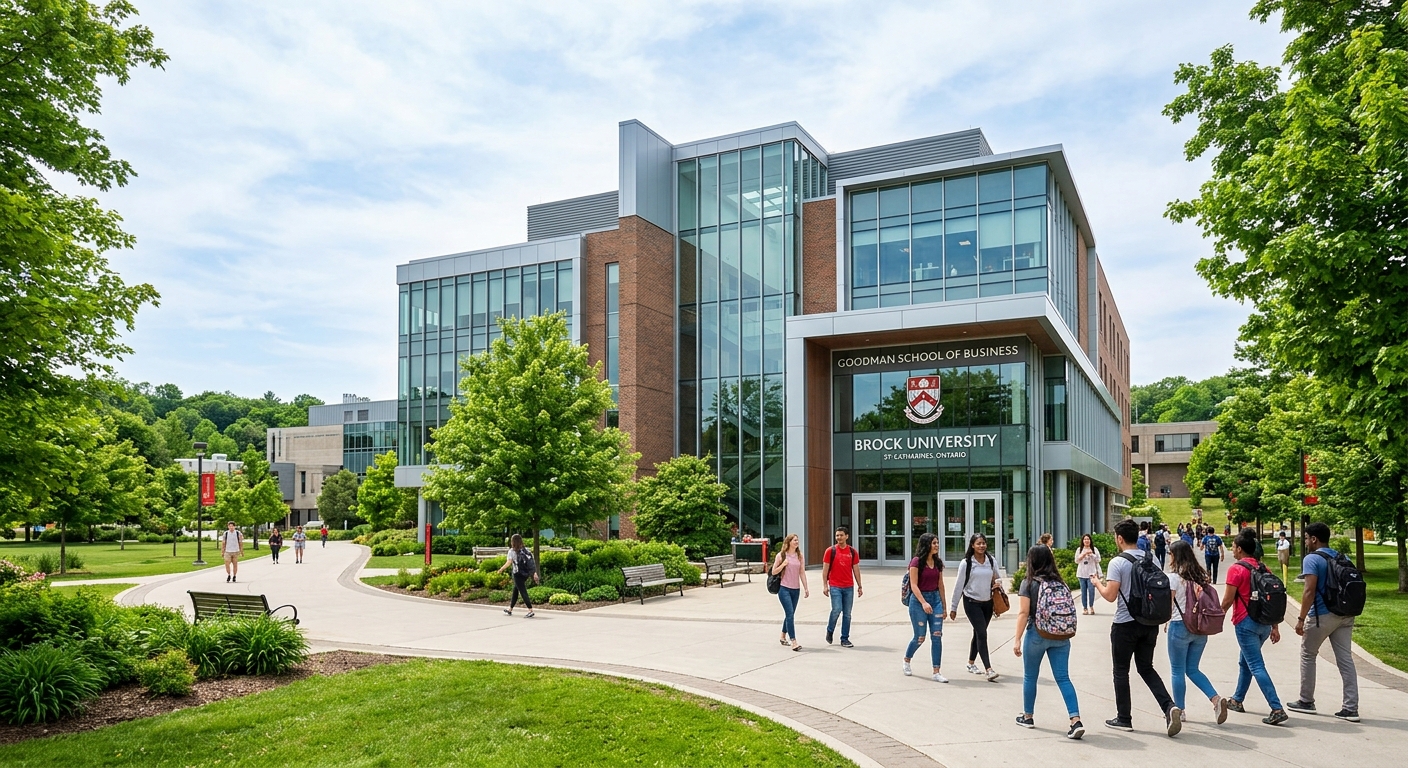 Brock University Goodman School of Business building exterior with modern architecture, students walking on campus pathways surrounded by green trees in the Niagara region, St. Catharines, Ontario, Canada