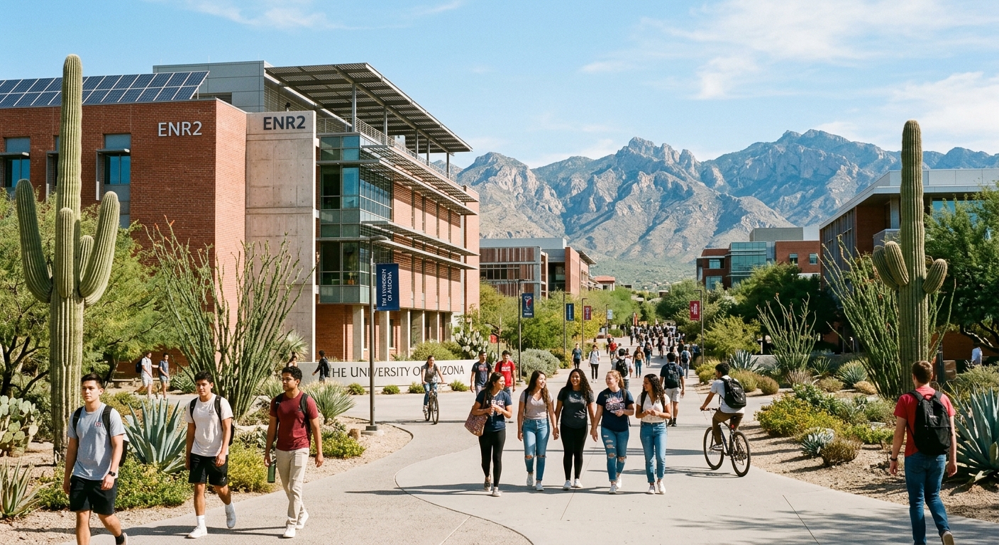 University of Arizona campus in Tucson with desert landscape, modern architecture buildings, students walking along sunlit pathways with saguaro cacti and mountain views in the background