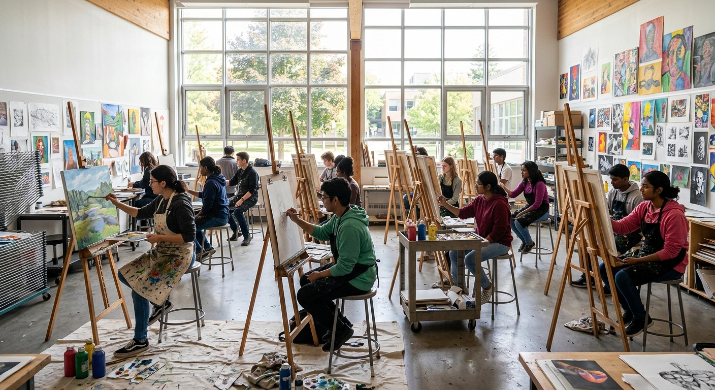 Bright art studio at Sheridan College Trafalgar Campus in Oakville, Ontario, with students working on paintings and drawings at easels, natural light streaming through large windows, colorful artwork displayed on walls