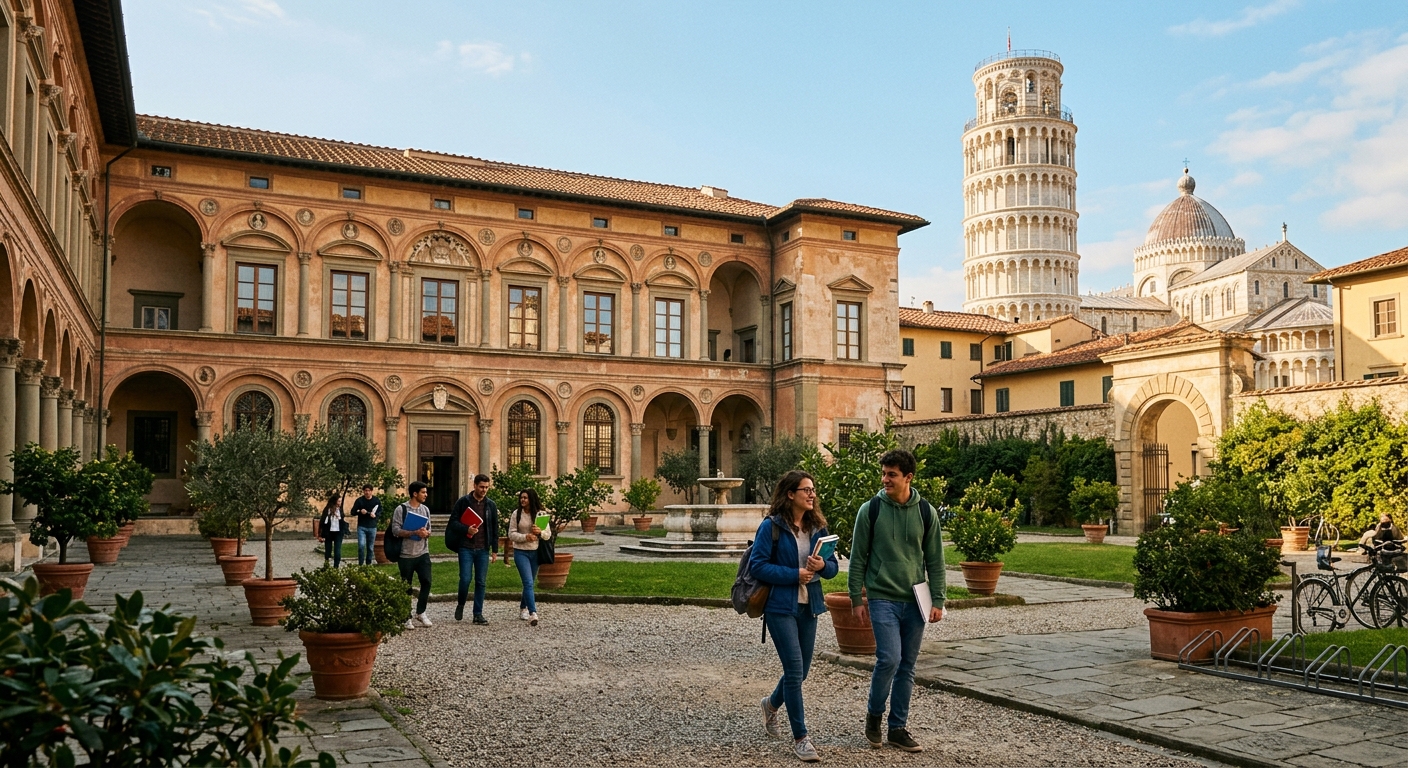 Historic Sant'Anna School of Advanced Studies campus in Pisa Italy, elegant Renaissance-era building with arched windows and courtyard, engineering students walking through the grounds with the Leaning Tower of Pisa visible in the background, warm Mediterranean light