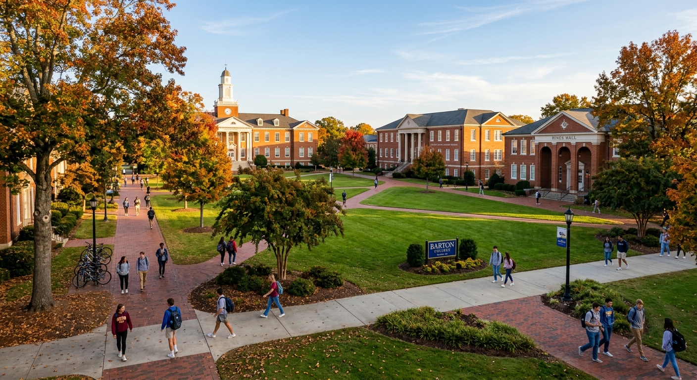 Barton College campus wide shot showing brick academic buildings, green lawns, and tree-lined walkways in Wilson, North Carolina, warm afternoon sunlight