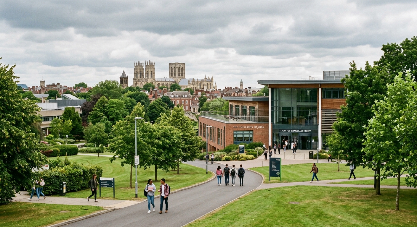 University of York campus with modern School for Business and Society building, green parkland setting, historic city of York visible in background, students walking along tree-lined paths, overcast English sky