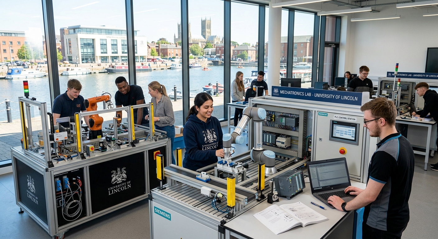 Modern engineering laboratory at University of Lincoln Brayford Pool campus, students working with robotic arms and automation equipment, industrial mechatronics workstations with sensors and programmable logic controllers, bright contemporary learning space with large windows overlooking the waterfront