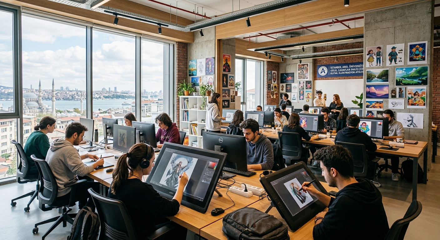 Modern design studio at Istanbul Arel University campus, students working on digital illustration projects with large monitors, colorful artwork displayed on walls, natural light streaming through wide windows, Istanbul cityscape visible in background