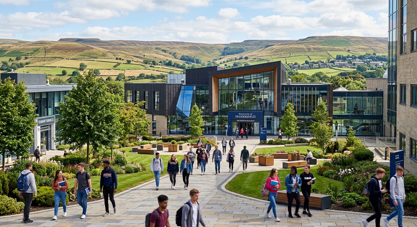 University of Huddersfield modern campus building with students walking through the central courtyard, green landscaped areas, contemporary architecture with glass facades, set against a backdrop of West Yorkshire hills