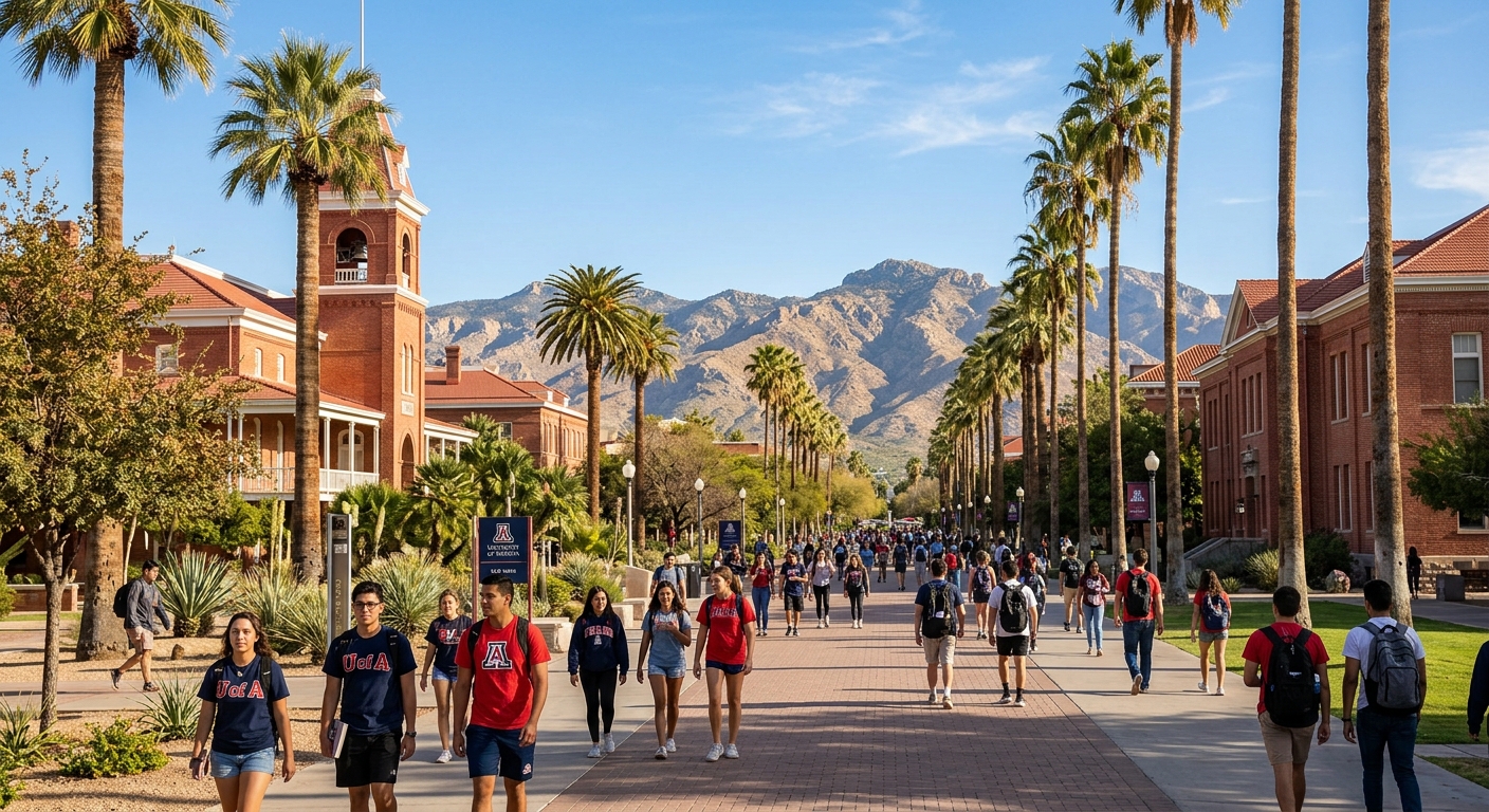 University of Arizona campus in Tucson with red brick buildings, palm trees, and clear blue sky, students walking along pathways with desert mountains in the background