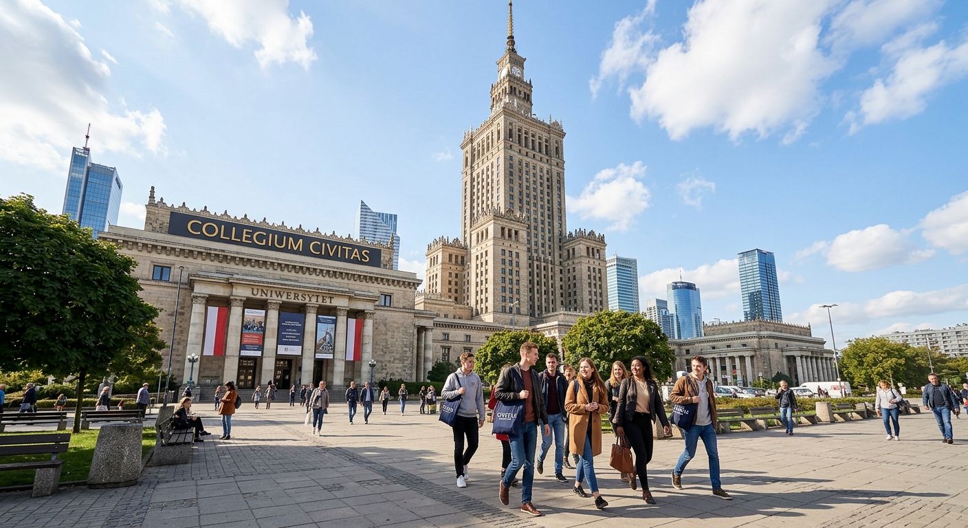 Exterior view of the Palace of Culture and Science in Warsaw Poland on a sunny day, with Civitas University signage visible, students walking in the foreground, modern European cityscape in the background