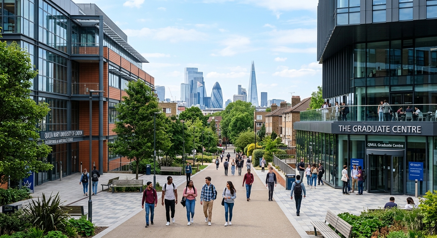 Queen Mary University of London Mile End campus with modern engineering buildings, students walking near the Graduate Centre, London skyline visible in the background, bright daylight
