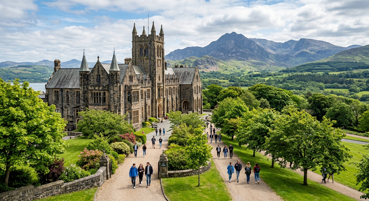Bangor University historic campus building with stone architecture, set against the backdrop of Snowdonia mountains and green Welsh countryside, students walking along tree-lined pathways