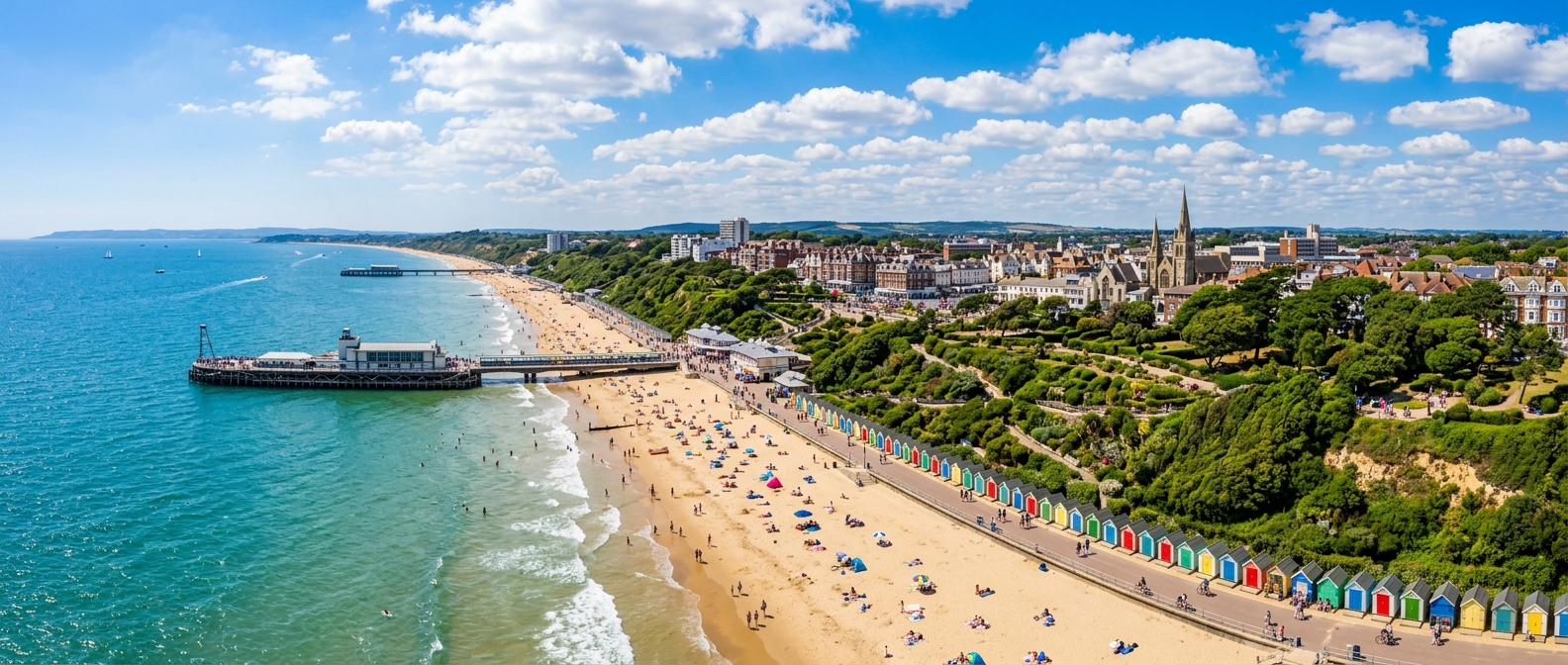 Panoramic view of Bournemouth seafront with golden sandy beach, turquoise sea, Victorian pier, colourful beach huts, green clifftop gardens, and town buildings in background under blue sky