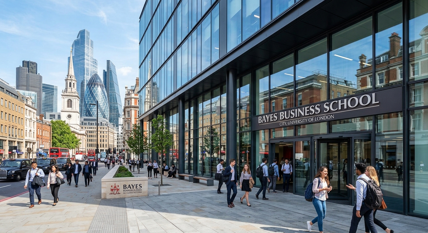 Modern glass-fronted Bayes Business School building in the City of London financial district, students walking through the entrance plaza on a bright day, with historic London architecture visible in the background