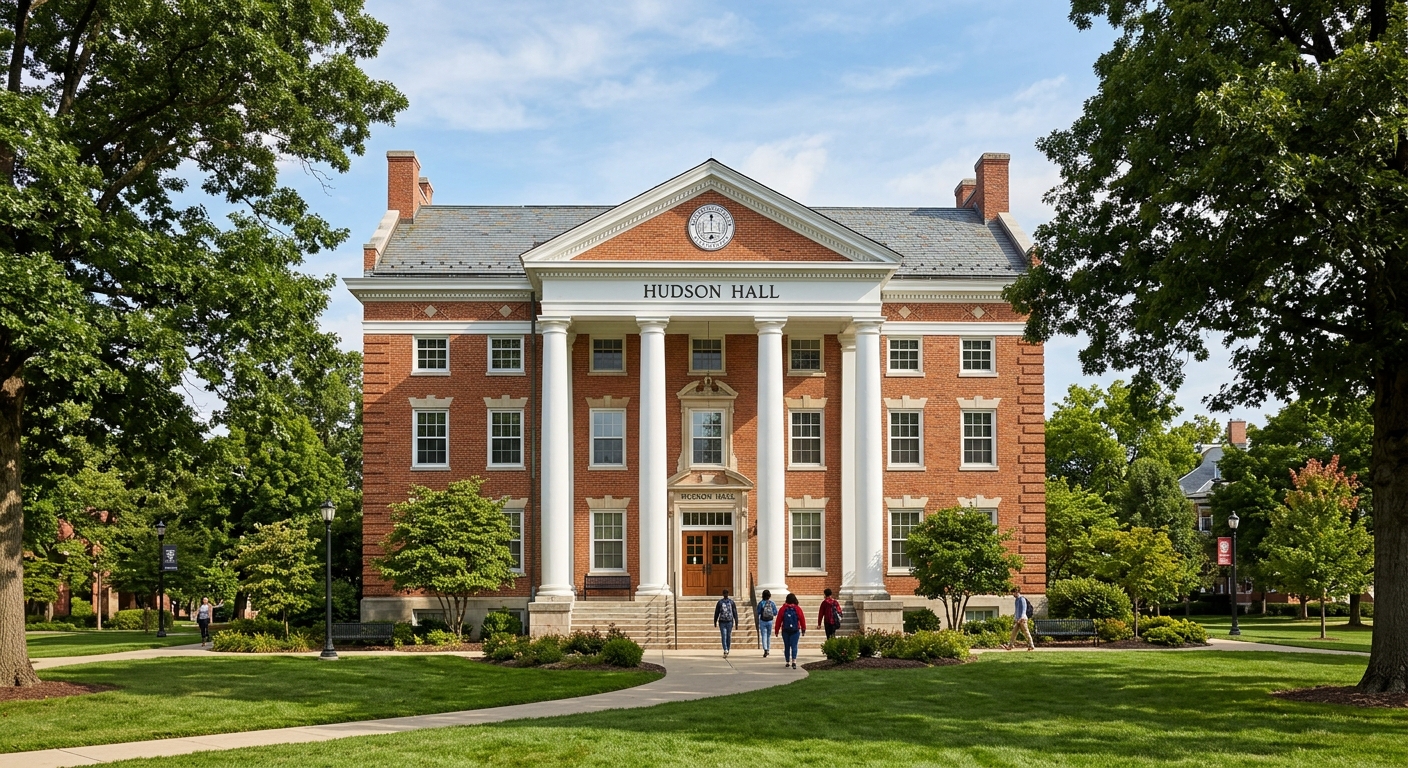 Hudson Hall at Blackburn College, a neoclassical brick building with white columns serving as the main classroom building, surrounded by mature oak trees and green lawns