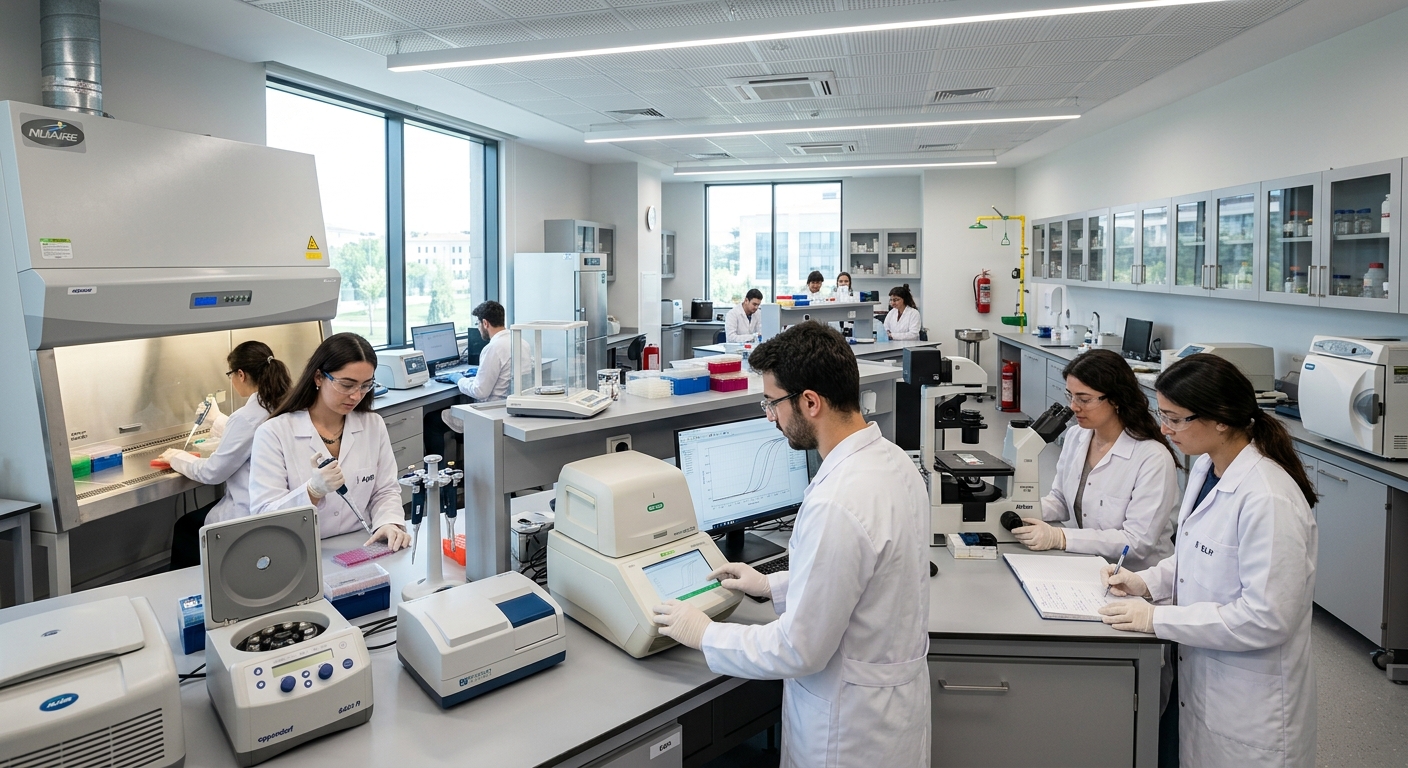 Istinye University modern science laboratory interior, students in white coats working with advanced medical equipment, bright lighting and clean research environment