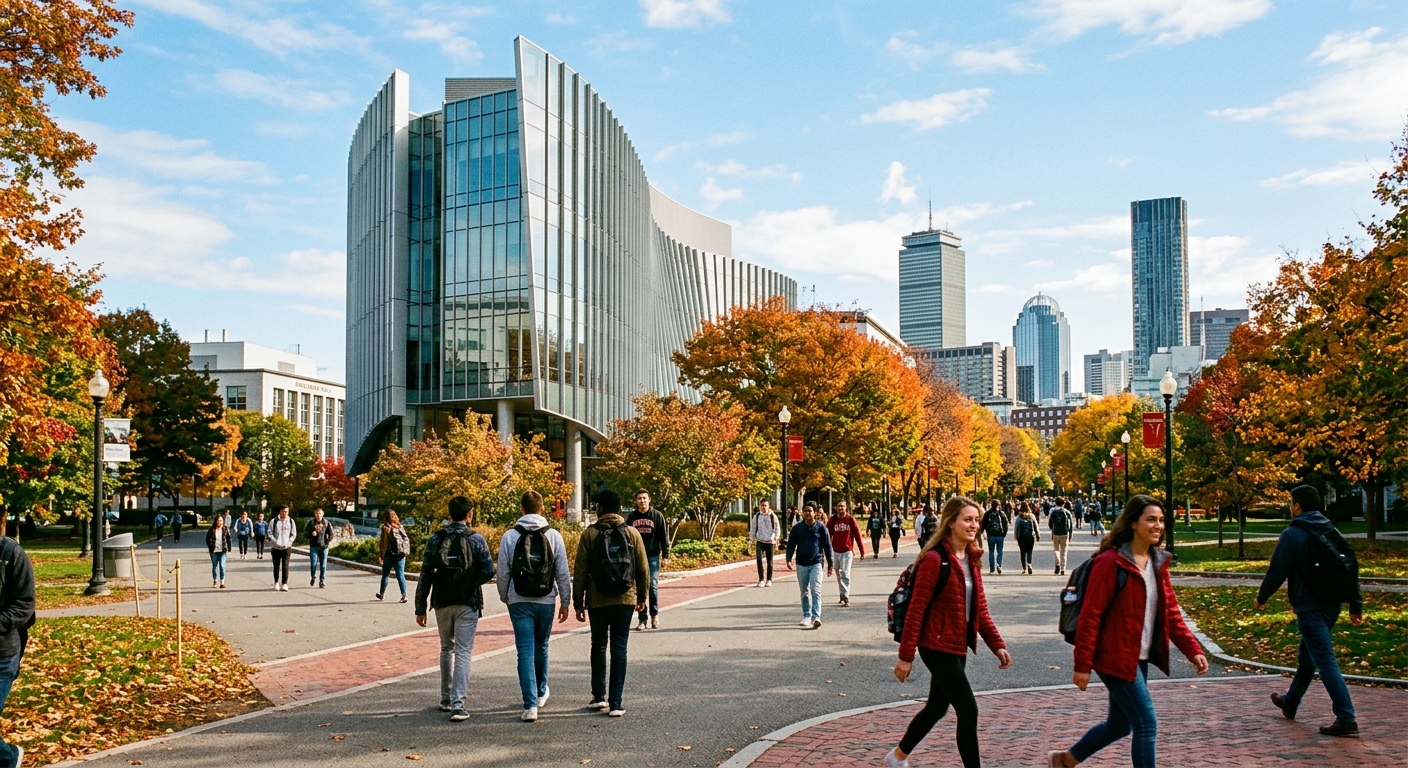 Northeastern University Boston campus with modern engineering building, students walking on tree-lined pathways, city skyline visible in background, autumn foliage, bright daylight