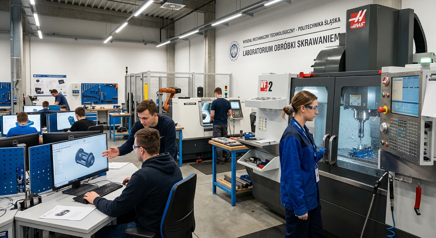 Modern engineering laboratory at Silesian University of Technology in Gliwice, Poland, with students working on CNC machines and CAD workstations, industrial equipment visible, bright overhead lighting