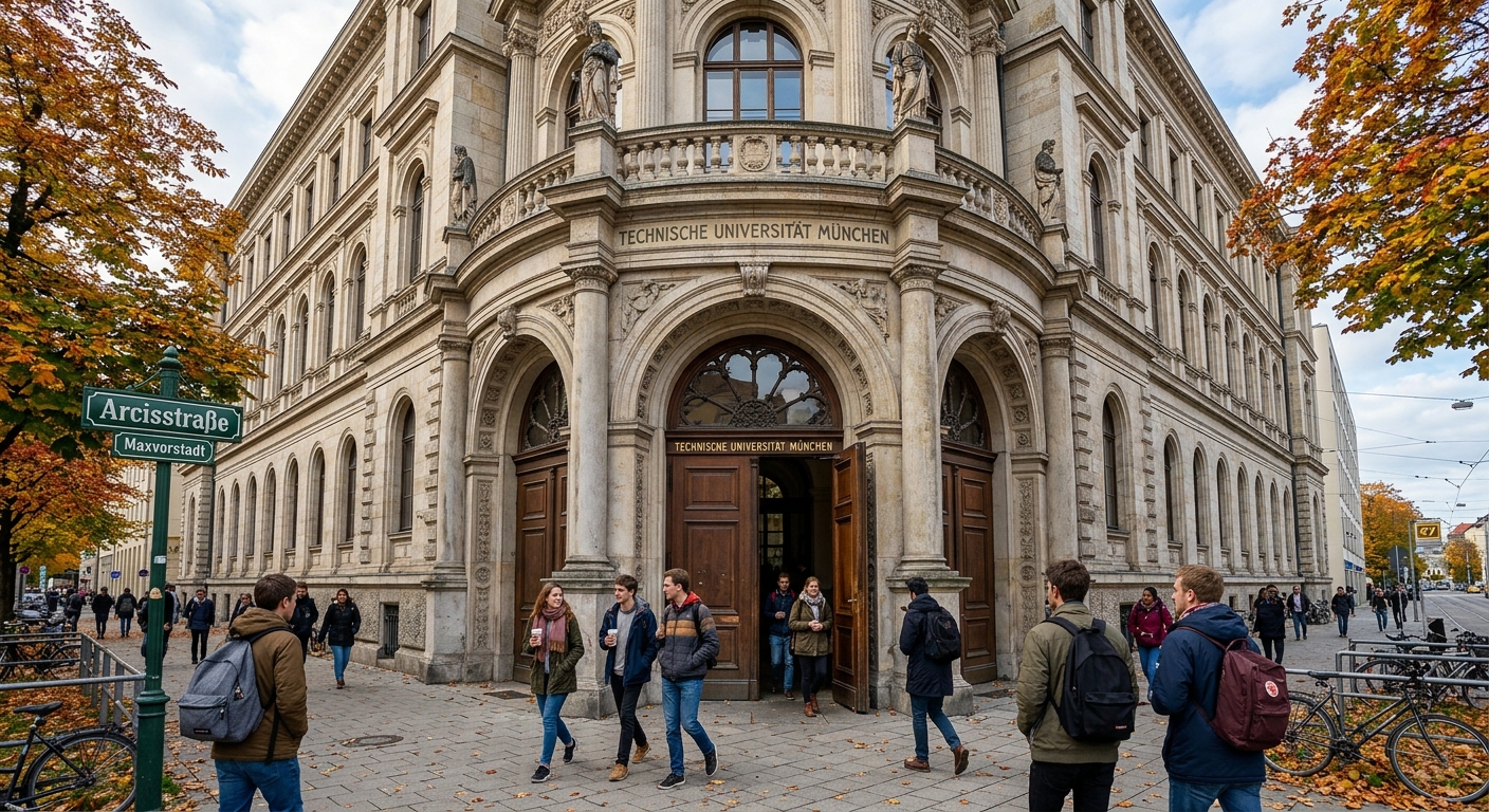 TUM main campus historic building on Arcisstrasse in Munich Maxvorstadt district, classical German architecture with ornate stone facade, students walking through the arched entrance, autumn foliage