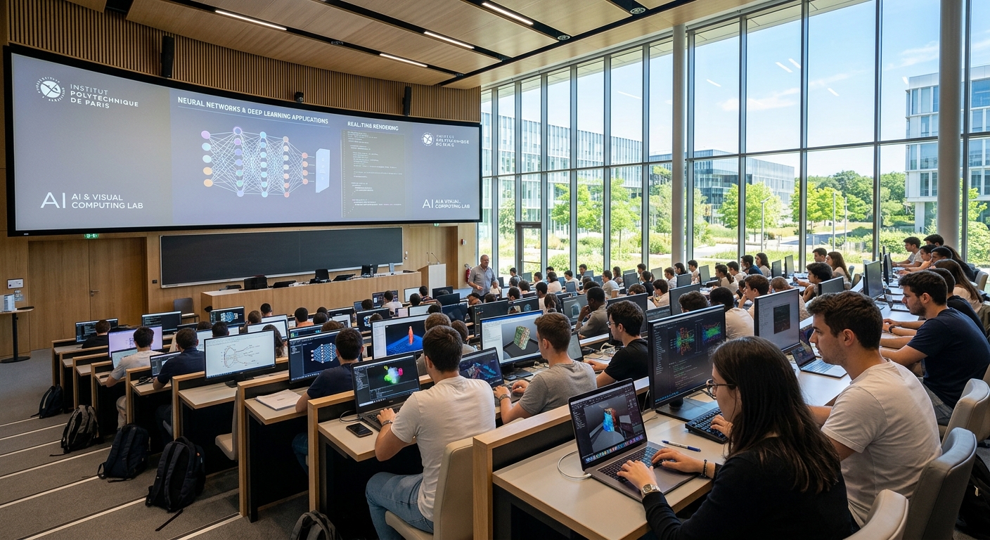 Modern campus of Institut Polytechnique de Paris at Palaiseau, futuristic lecture hall with students working on AI and visual computing projects, digital screens displaying 3D graphics and neural network visualizations, bright natural light streaming through large windows