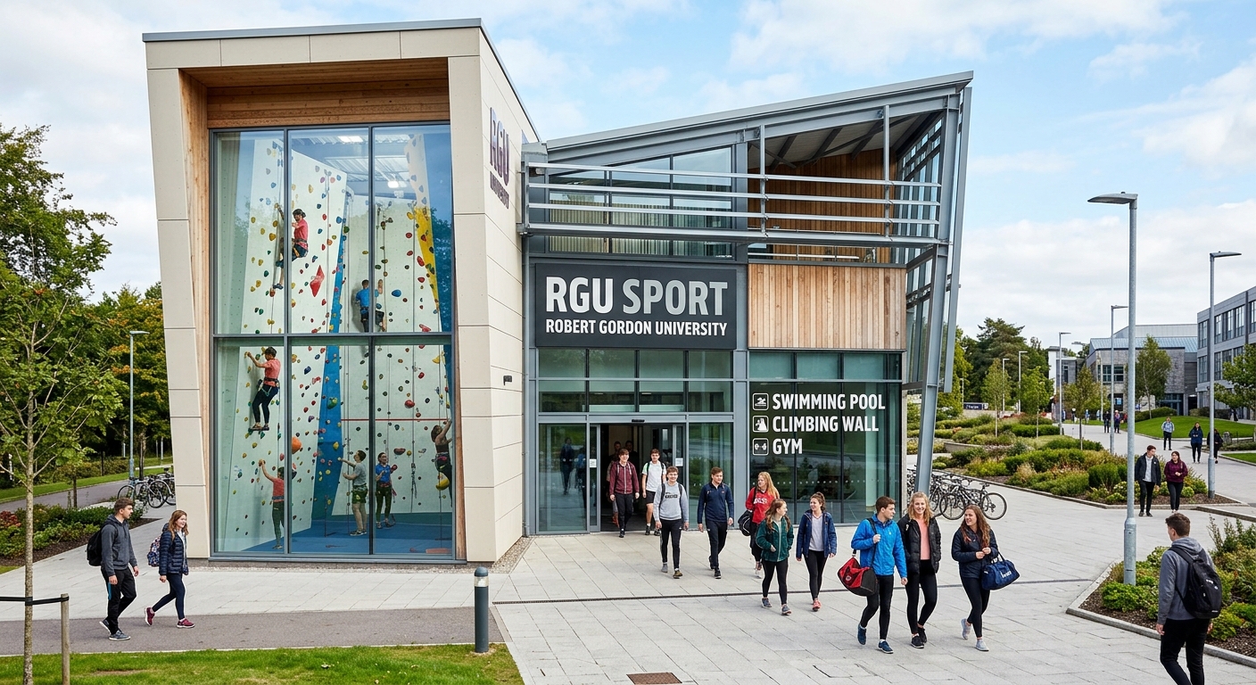 RGU Sport centre exterior showing modern sports facility building with swimming pool signage, climbing wall visible through glass, students entering the building