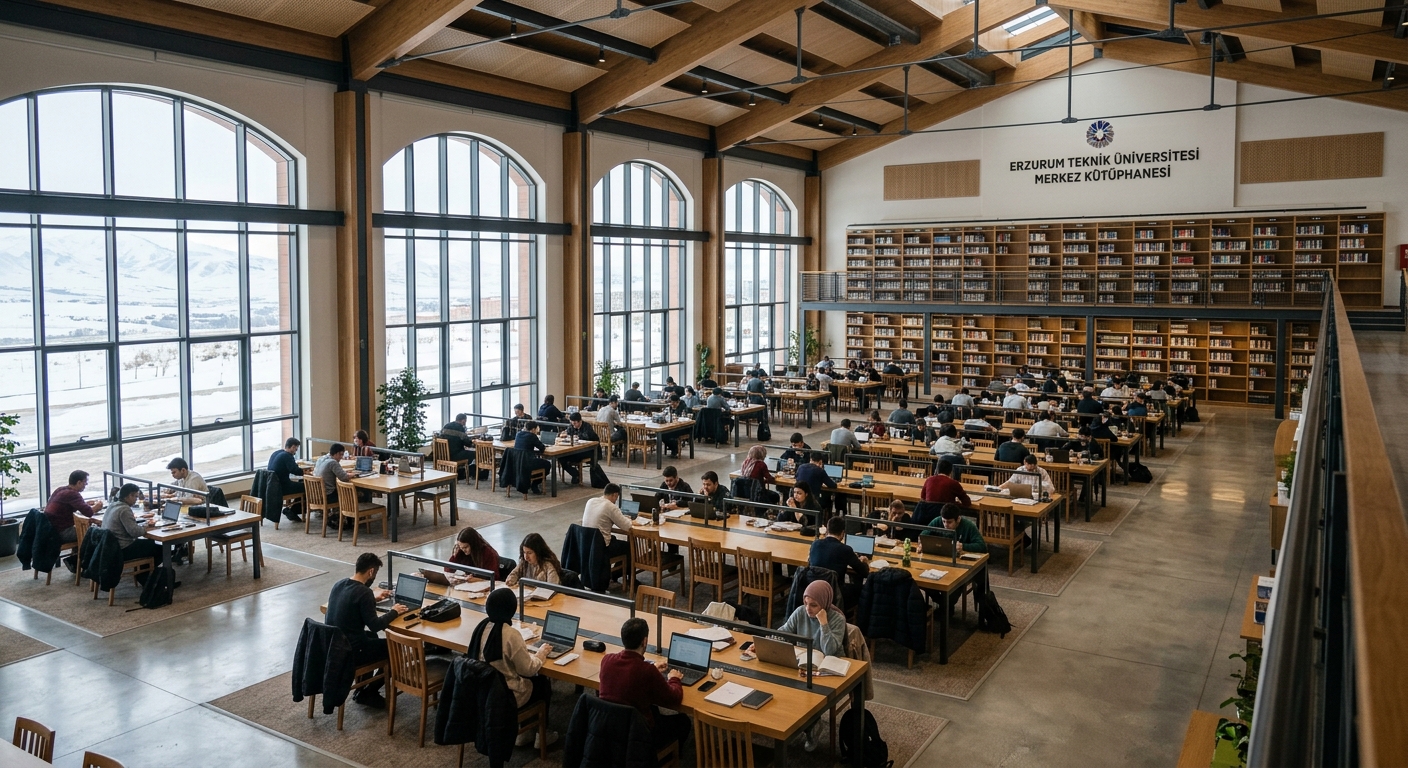 Erzurum Technical University central library interior, spacious reading hall with rows of study desks, natural lighting, students studying, bookshelves in background