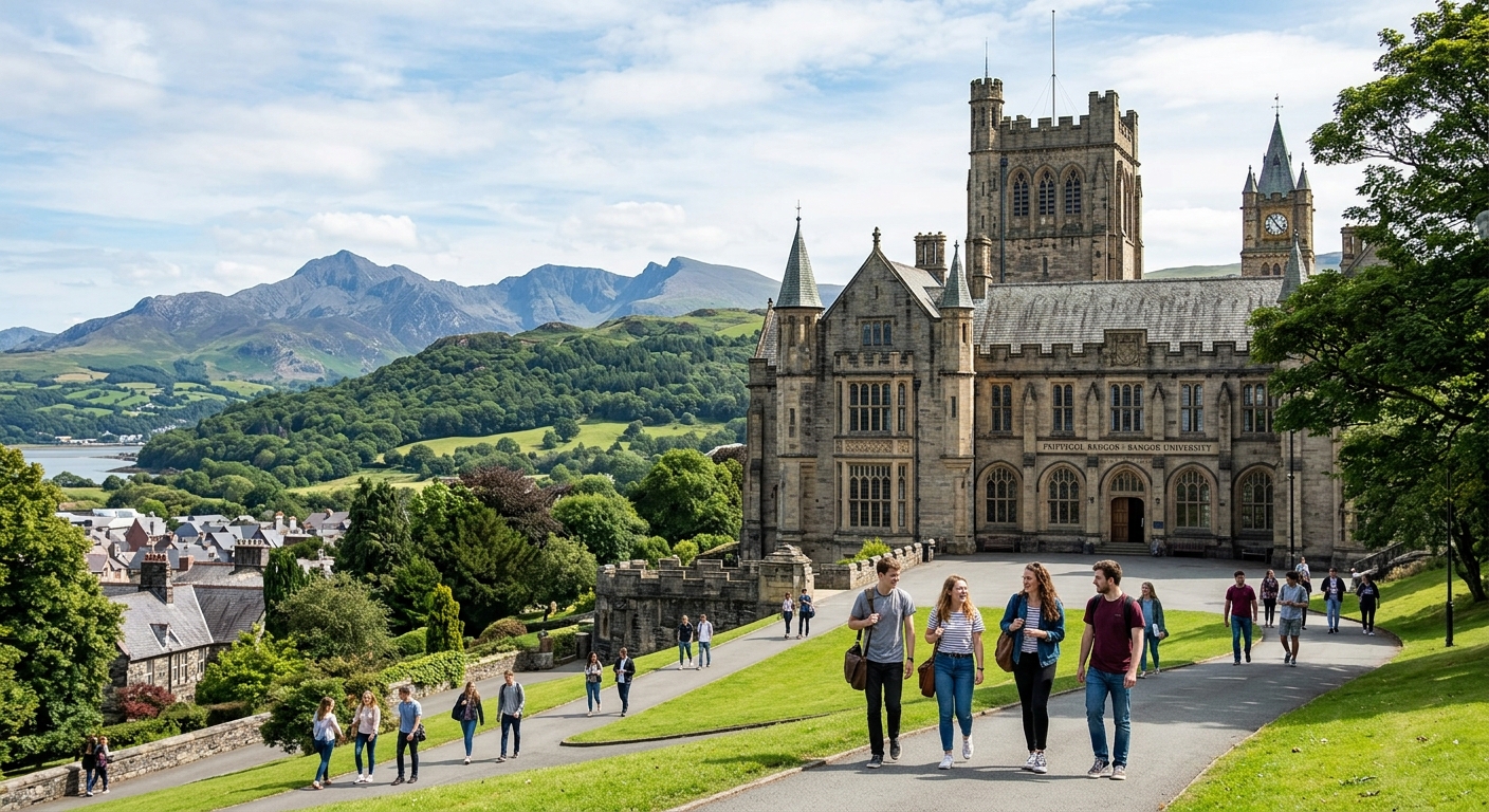 Historic Bangor University main arts building with stone architecture, set against a backdrop of Snowdonia mountains and lush green Welsh landscape, students walking across campus on a bright day