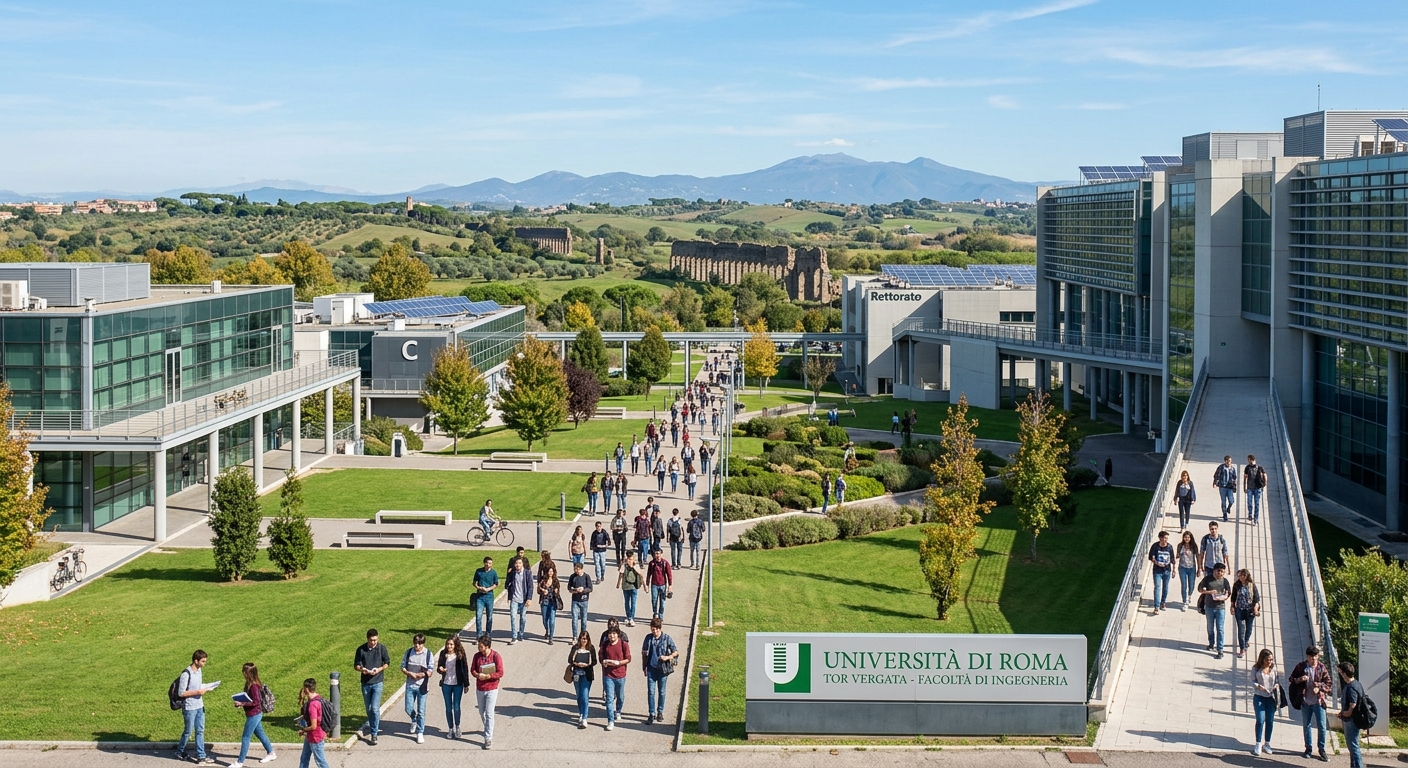 Modern engineering campus of University of Rome Tor Vergata, expansive green campus grounds with contemporary faculty buildings, students walking between lecture halls, Roman landscape in the background under clear blue sky