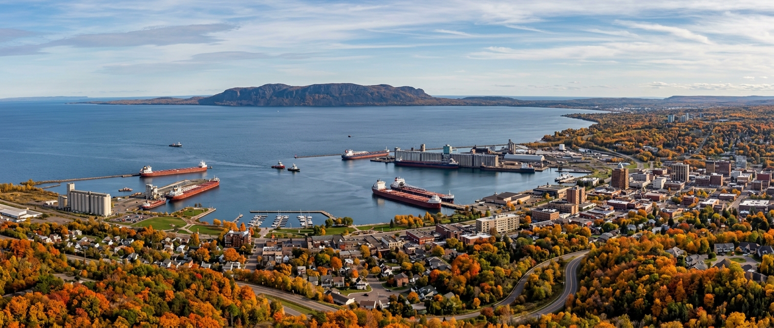 Thunder Bay Ontario cityscape panorama with Lake Superior shoreline, Sleeping Giant rock formation in the distance, harbour with ships, autumn foliage on surrounding hills