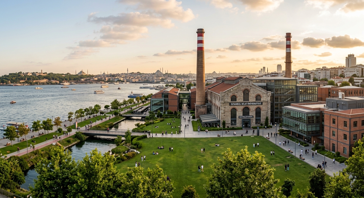 Istanbul Bilgi University Santralistanbul Campus wide shot, historic power plant converted into modern university buildings along the Golden Horn waterfront, green lawns, industrial chimneys, warm daylight