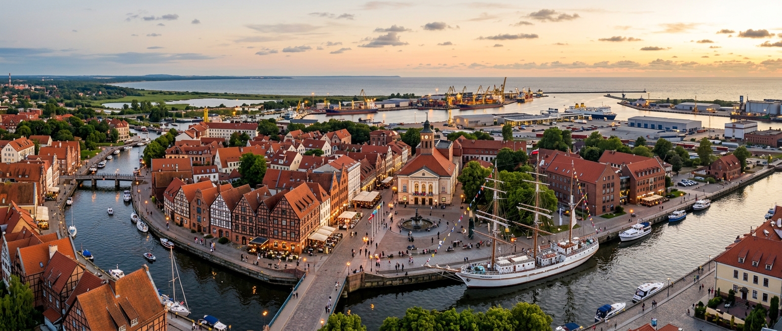 Panoramic view of Klaipeda Old Town with Dane River, half-timbered Fachwerk buildings, Theatre Square, sailing ship Meridianas, Baltic Sea port in background, summer evening light