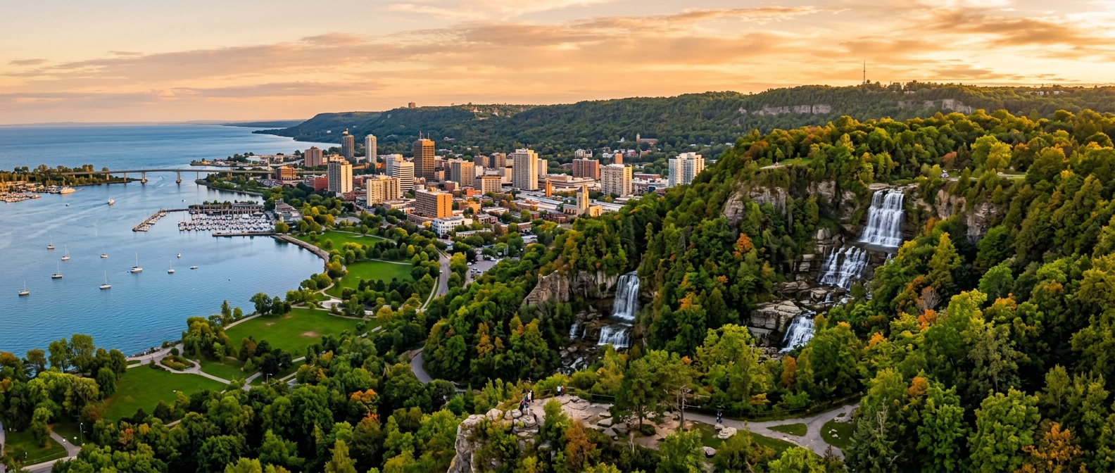 Panoramic view of Hamilton Ontario skyline with the Niagara Escarpment in the background, waterfalls cascading down rocky cliffs, lush green parks, and the harbour on Lake Ontario under golden sunset light