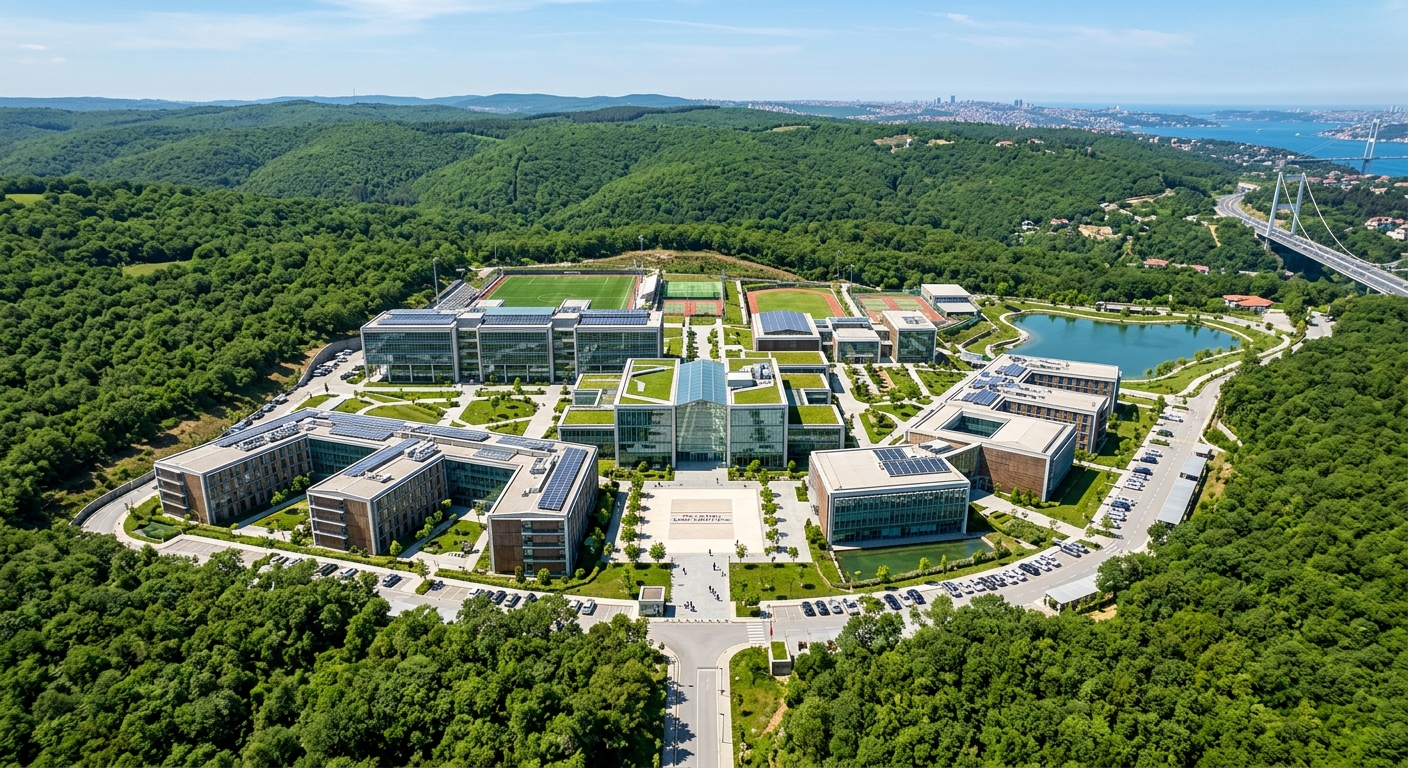 Özyeğin University Çekmeköy campus wide aerial view, modern LEED-certified buildings surrounded by lush green forests on the Asian side of Istanbul, contemporary architecture with glass facades and open courtyards, bright daylight