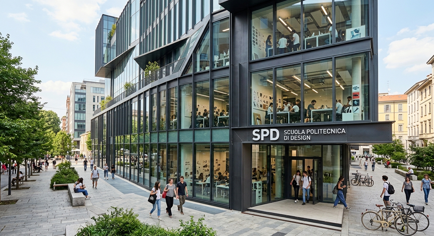 Modern design campus building at SPD Scuola Politecnica di Design in Milan Italy, contemporary glass and steel architecture, creative student spaces visible through large windows, urban Italian setting with trees and pedestrian walkways