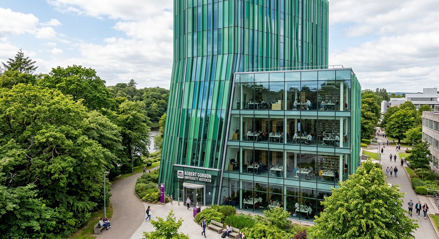 RGU library tower, a distinctive green glass tower building surrounded by mature trees on the Garthdee campus, students studying inside visible through large windows