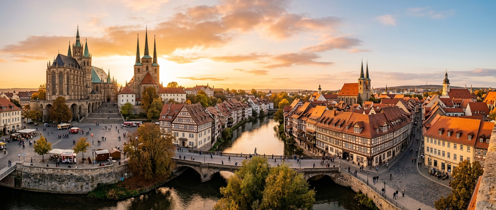 Erfurt Germany cityscape panorama, Erfurt Cathedral and St Severus Church on Cathedral Hill, Krämerbrücke medieval bridge, timber-framed houses along Gera River, golden hour lighting