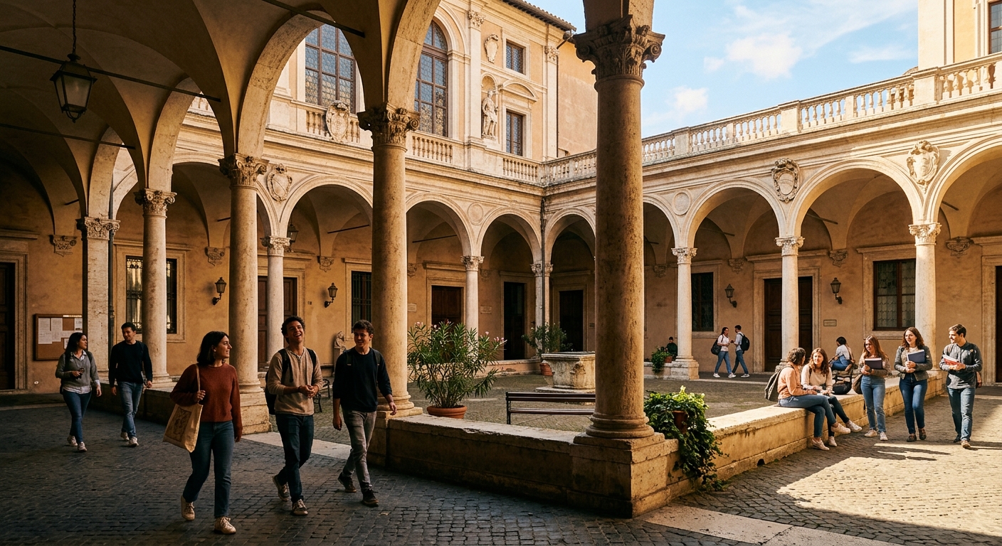 Palazzo della Sapienza historic courtyard with Renaissance arches, students walking through the cloister, warm afternoon light casting shadows on stone columns