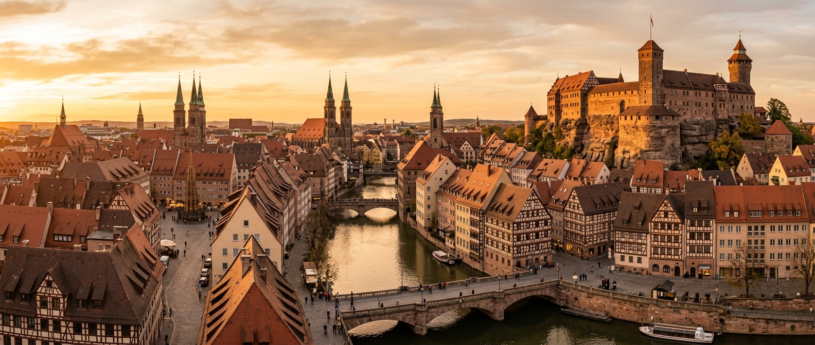 Panoramic view of Nuremberg old town with medieval castle on hilltop, half-timbered houses, Pegnitz river flowing through city center, church spires, warm golden hour light