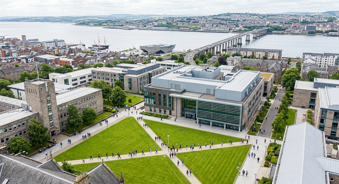 University of Dundee campus aerial view with modern engineering building, River Tay in the background, students walking across green courtyard, Scottish cityscape, bright overcast sky