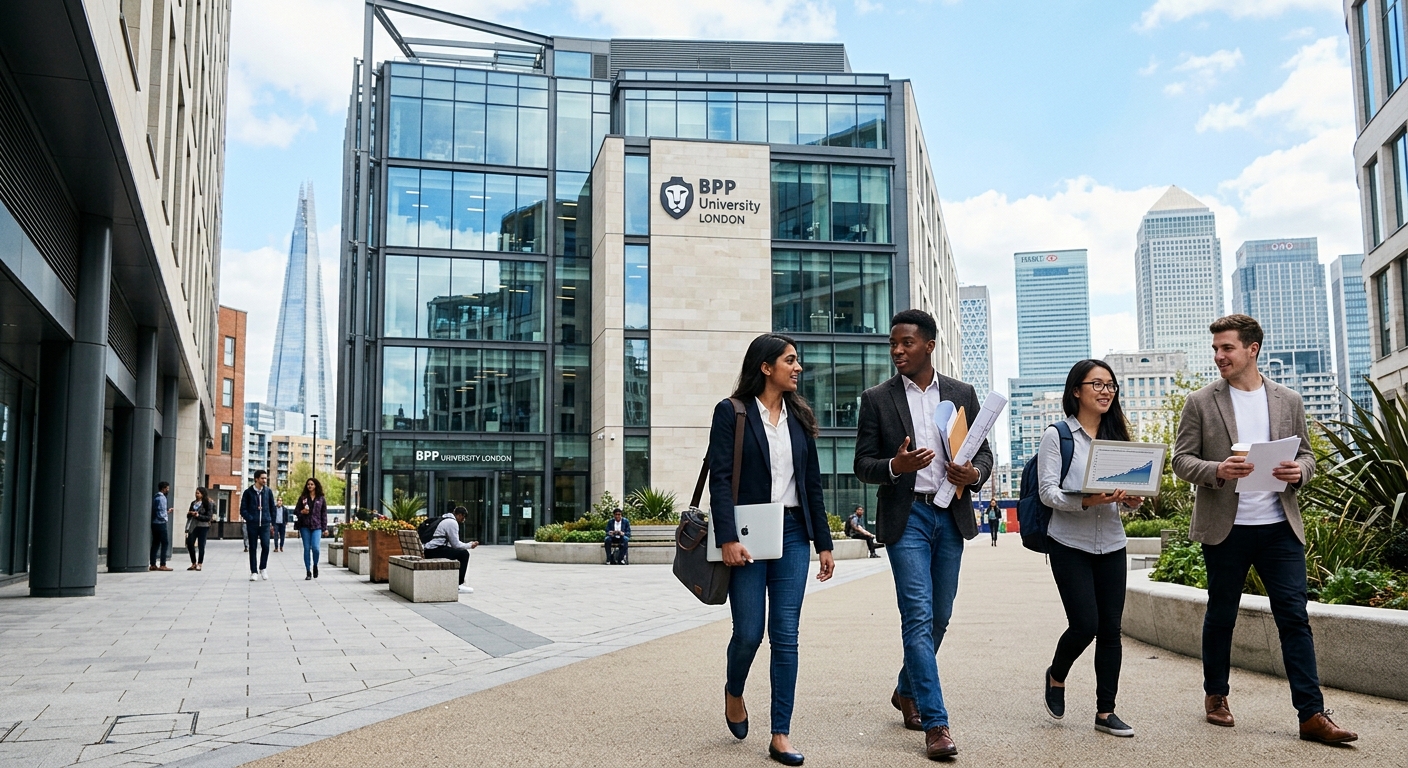 Modern BPP University London campus building with glass facade, professional students walking with laptops and engineering blueprints, city skyline in background, bright daylight